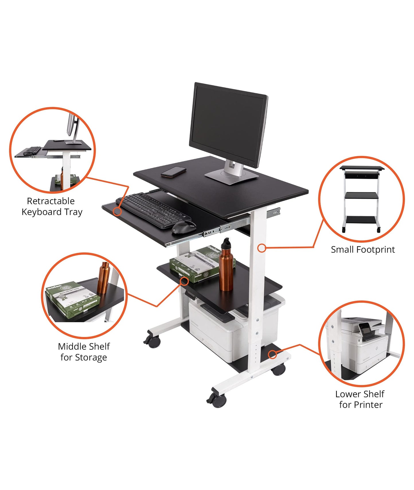 Stand Up Desk Store Mobile Rolling Adjustable Height Standing Workstation with Printer Shelf and Slideout Keyboard Tray (White Frame/Black Top, 30" Wide)