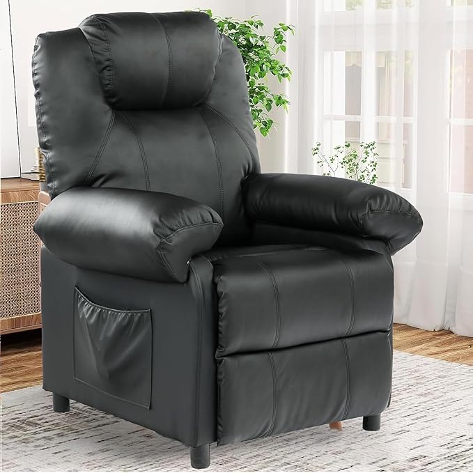 KCREAM Faux Leather Recliner Chair with Massage and Heat, Mid Century Overstuffed Manual Reclining Chair, Massaging Push Back Recliner Chair Single Sofa for Living Room, Black