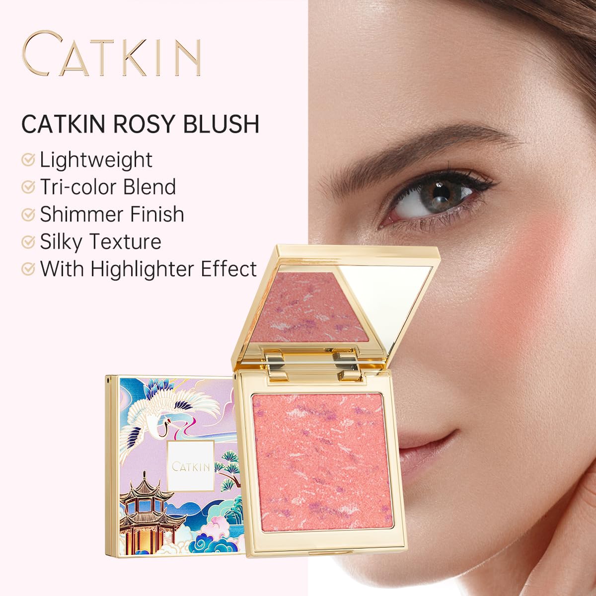 CATKIN Powder Blush for Cheek Blusher Natural Shimmering Blush & Highlight 2 in 1 Creamy Blendable Baked Blush Palette 10g C02 L