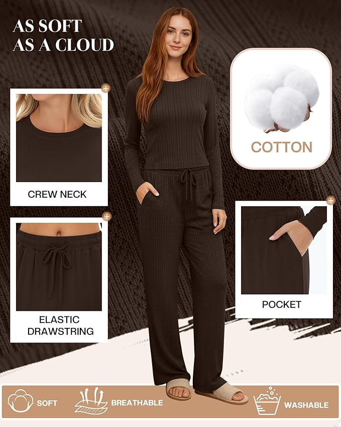 Evervibe Women's 2 Piece Lounge Set Long Sleeve Crew Neck Top Drawstring Wide Leg Pants Casual Tracksuit Matching Set