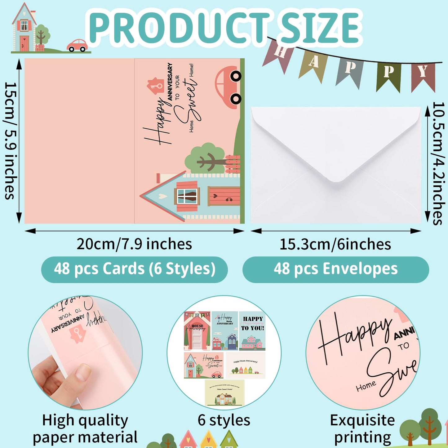 Motiskyy 48 Pcs Happy Home Anniversary Cards with Envelopes Bulk Blank Welcome House Cards Real Estate Thank You Notes Housewarming Gifts for Clients Neighbors, 4 x 6 in(Classic)