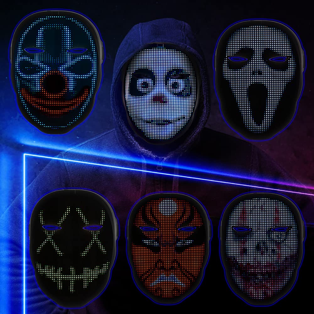 HIOUME Halloween LED Lighted Face Transforming Mask, Shining Mask for Fun Parties Birthday Christmas Festival Cosplay Costume, APP or Gesture Control, USB Rechargeable