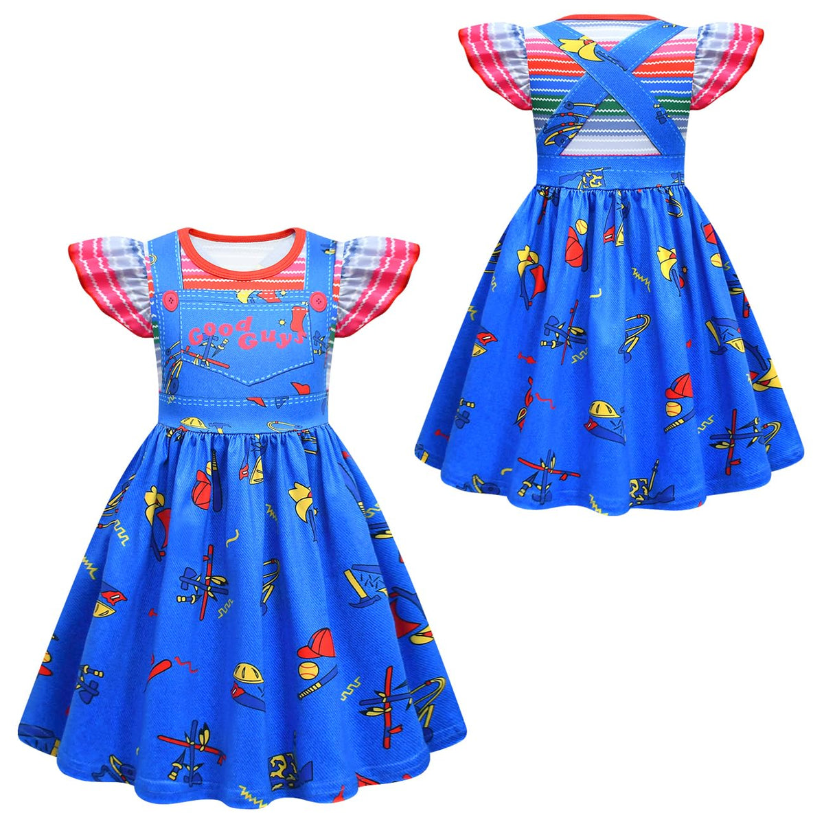 BLSORUGH Girls Princess Dresses Kid Girl Scary Horror Killer Doll Dress Todder Striped Dress with Tattoo Sticker Blue