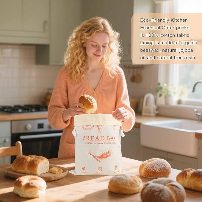 2-Pack Reusable Beeswax Bread Bags for Homemade Bread & Sourdough,100% Linen Waxed Bags Keeps Fresh Longer,XL Eco-Friendly Fresh Food Storage,Freezer Safe