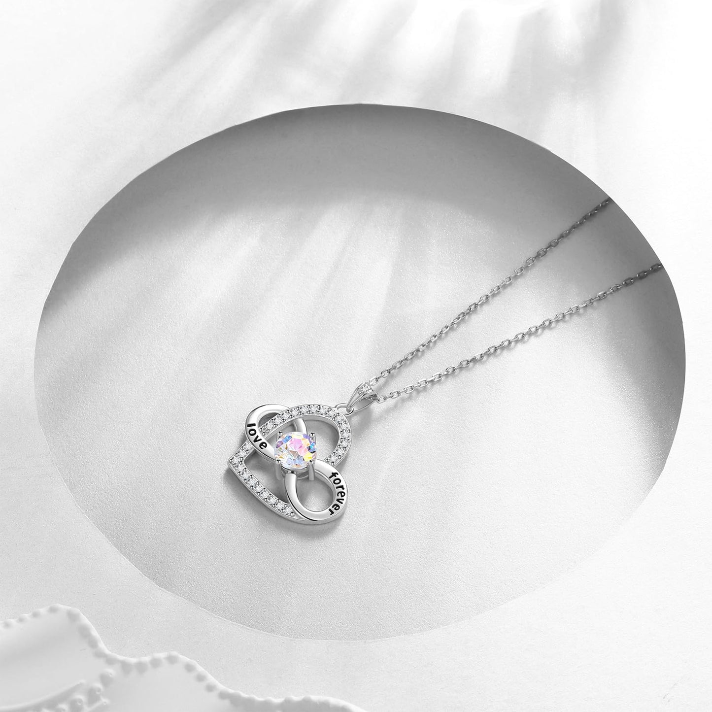 Birthstone Love Heart Infinity Pendant Necklace - 925 Sterling Silver Firework-Cut Cubic Zirconia Love Forever Infinity Necklace Anniversary Birthday Jewelry Gift for Women Wife Mom Daughter (04-April)