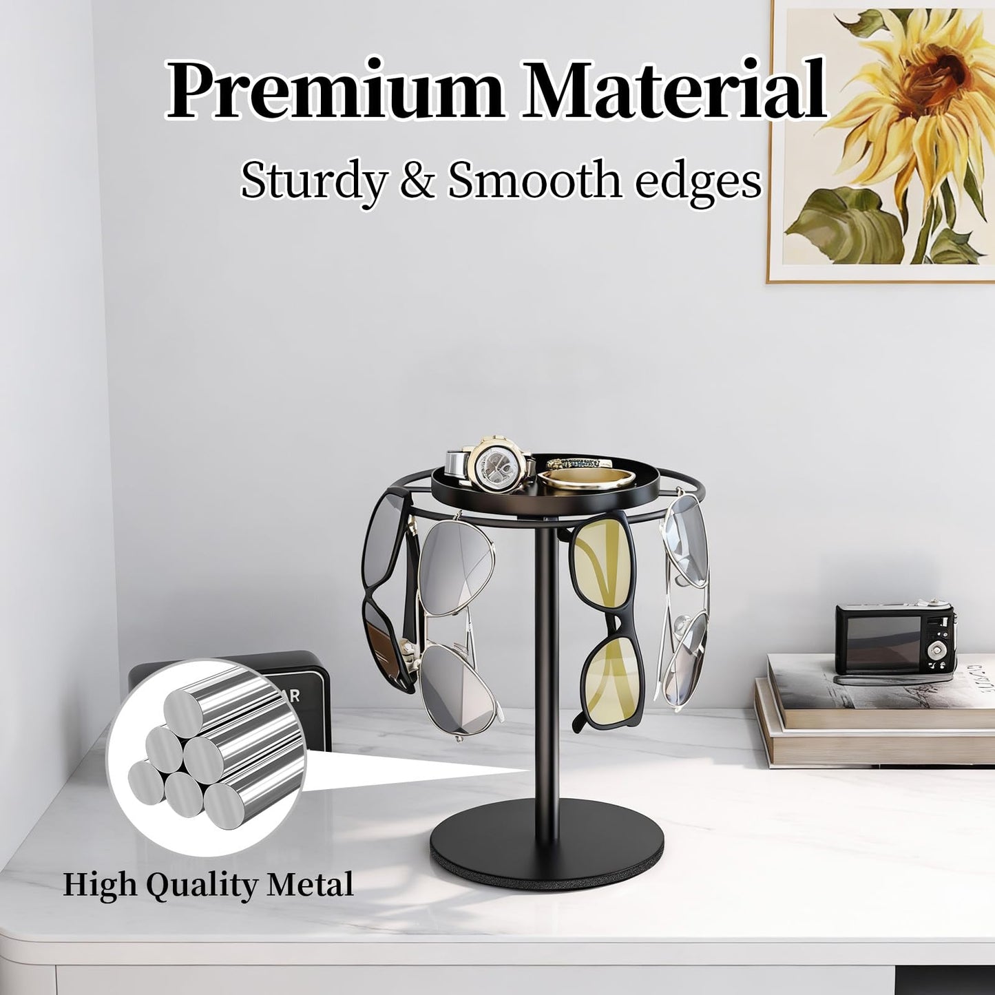 LSK Metal Sunglasses Organizer, Glasses Holder Stand with Storage Tray, Eyeglasses Holder with Anti-Slip Pads for Tabletop, Desk, Dresser, Matte Black