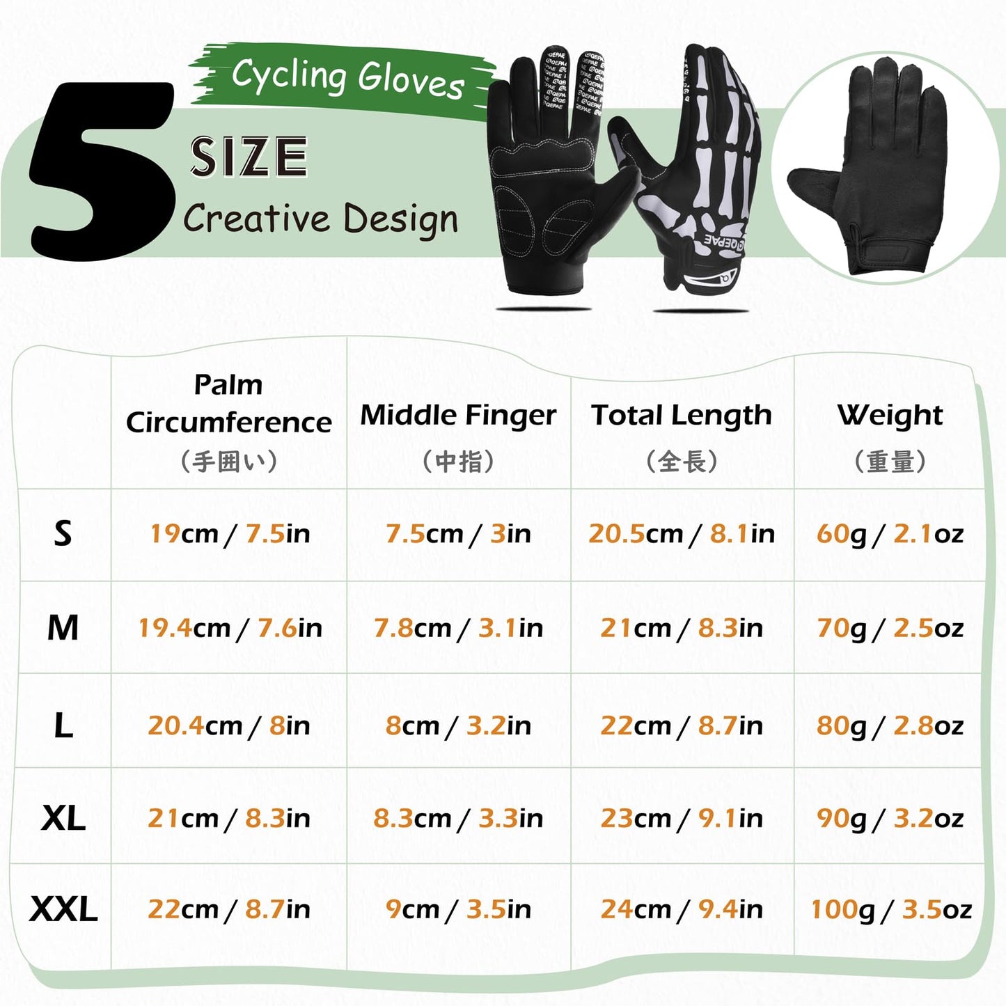 TRIWONDER Skeleton Gloves Cycling Gloves Skull Gloves for Men Women Kids for Bike Bicycle Motorcycles Sports Workout Riding Halloween Breathable Shock-Absorbing (Green - Full Finger, L)