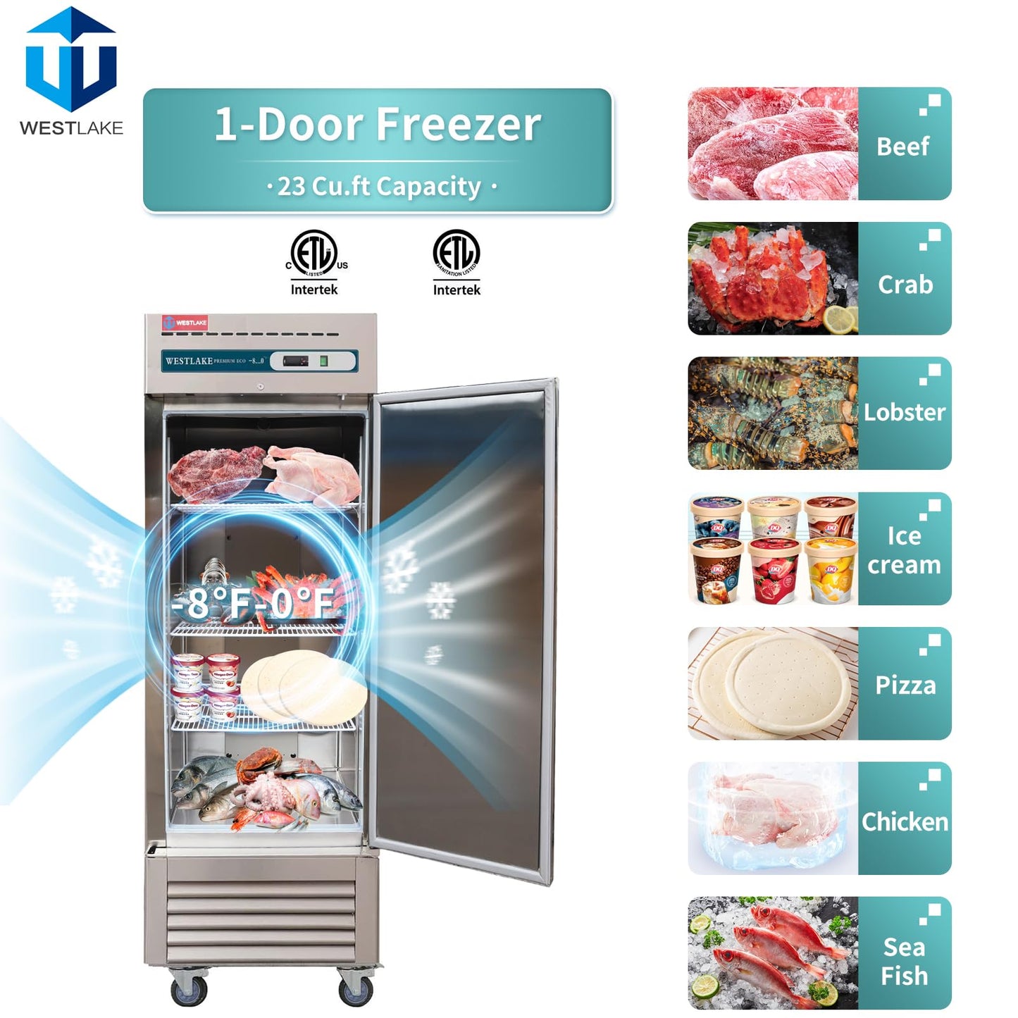 WESTLAKE Commercial Freezer 27"W Stainless Steel Reach-in Solid Single Door Upright Fan Cooling 23 Cu.ft Freezer for Restaurant, Bar, Shop, etc