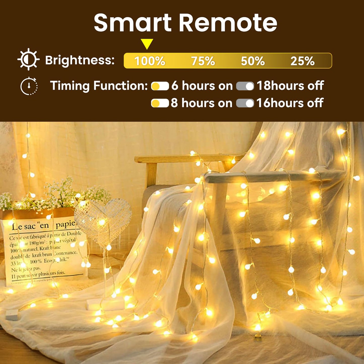 Dailyart Globe String Lights, 200Led 75FT Waterproof Fairy Lights Plug in 8 Modes with Remote Control, Brightness Adjustable &Timing String Lights Indoor Outdoor, Fairy Lights for Bedroom, Warm White
