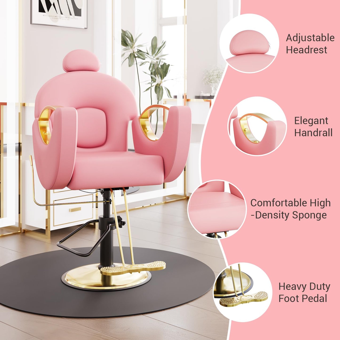 IDEALHOUSE Reclining Hair Salon Chair, 360°Swivel Barber Chair with Heavy Duty Hydraulic Pump Height Adjustable for Hair Stylist Barbershop Home Spa Shampoo, Pink