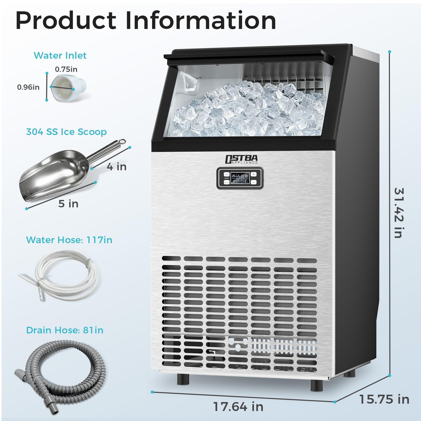 OSTBA Commercial Ice Maker Machine 120LBS/24H, Under Counter Ice Machine with 36LB Storage Bin, Self-Cleaning Stainless Steel Ice Maker, Automatic Ice Maker with LCD Display for Bar Restaurant Office