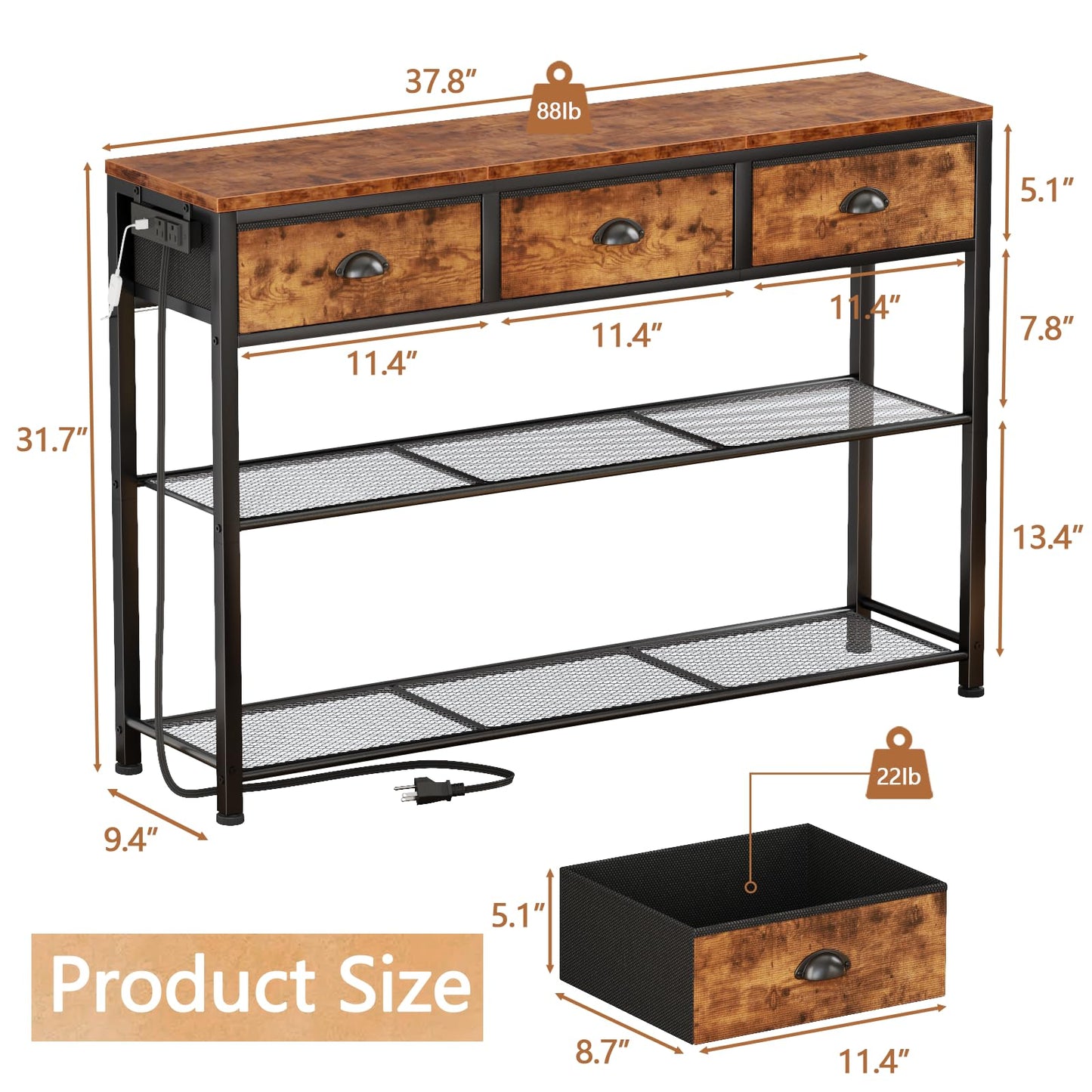 Furologee Console Table with Charging Station & 3 Fabric Drawers, 38'' Entryway Table with Storage Shelves and LED Light for Entry Way, Industrial Display Shelf for Hallway, Foyer, Rustic Brown