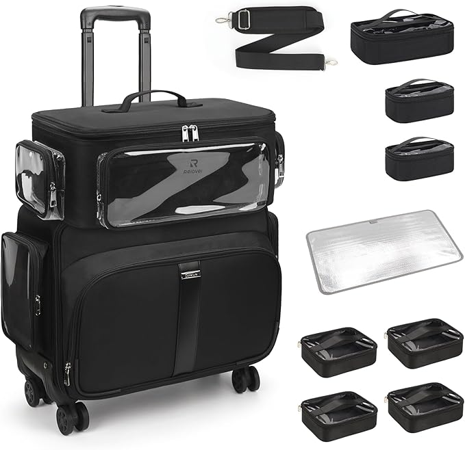 Rolling Makeup Train Case with Large Makeup Case,Professional Makeup Artist Traveling Bag with 7 Small Clear Bags, Cosmetology Case on Wheels, Adjustable Dividers for Cosmetics Makeup Brushes Toiletry