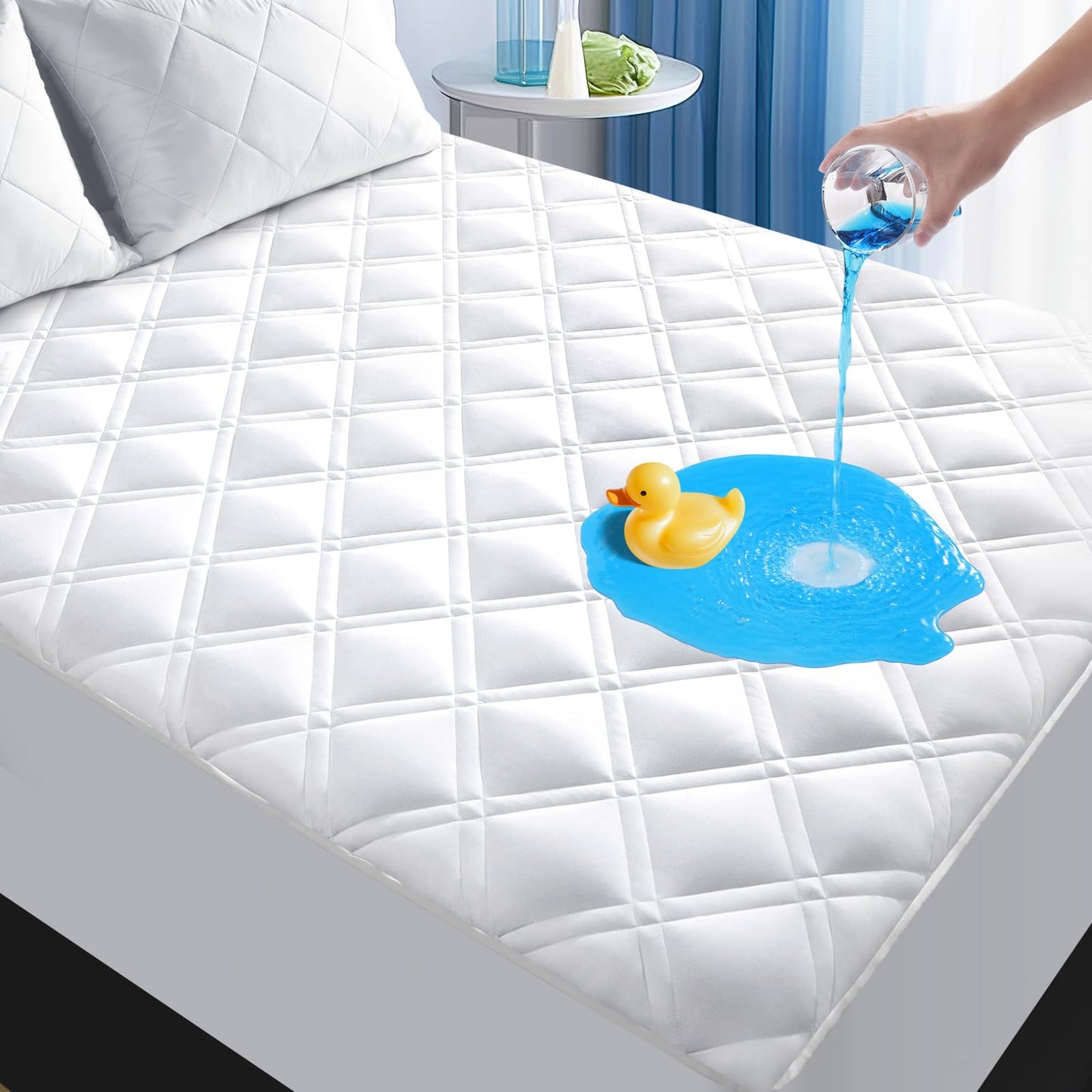 MEELUS Queen Mattress Protector, Breathable Waterproof Mattress Pad Cover Fitted Deep Pocket 8"-21", Soft Noiseless Mattress Cover Washable Cooling Padded for Home Hotel Bedroom, White