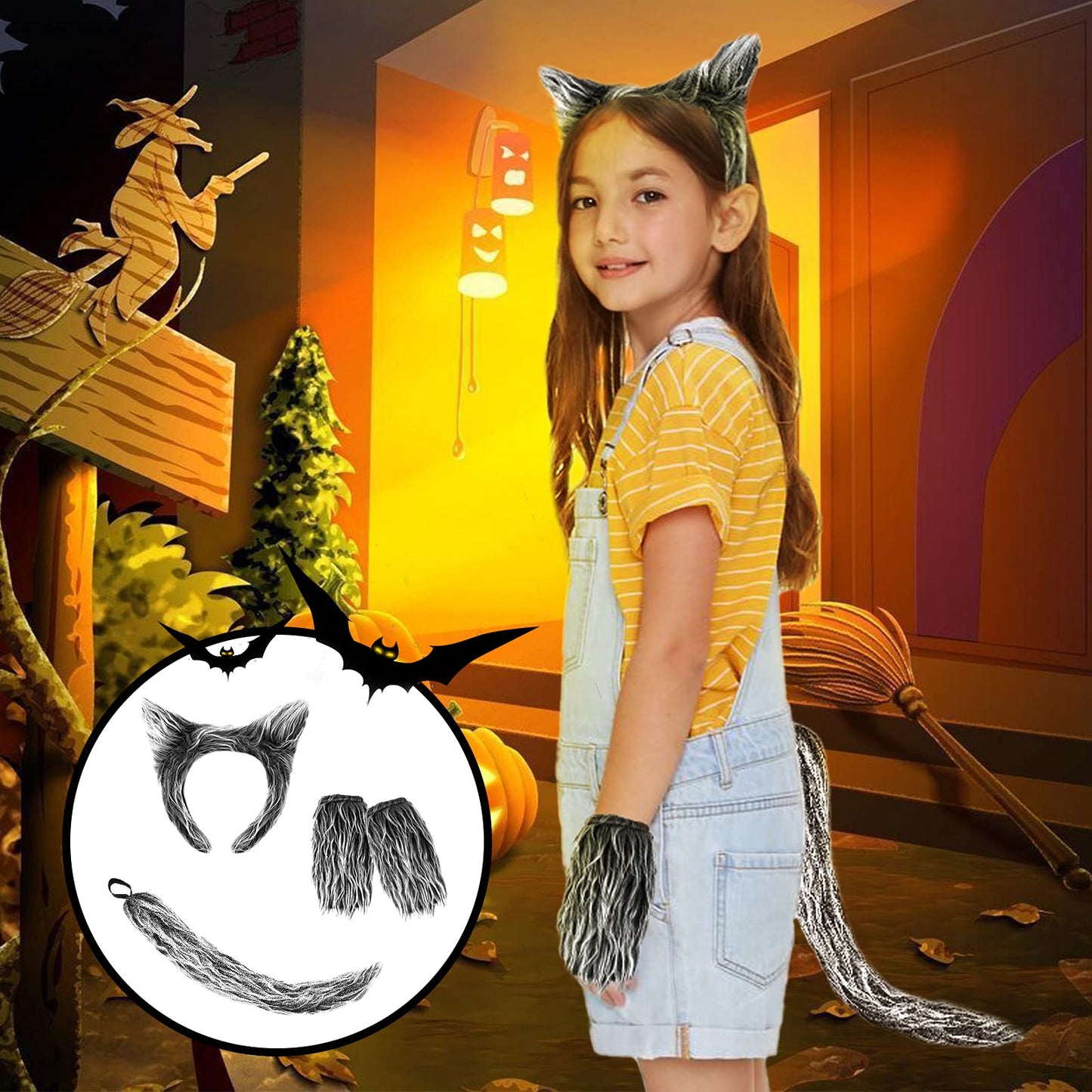 Exlinonline Werewolf Wolf Costume With Headband,Gloves,Ears and Tails For Mens,Women, Kids,Boys, Girls All In One Halloween Dress-Up Accessories Kit