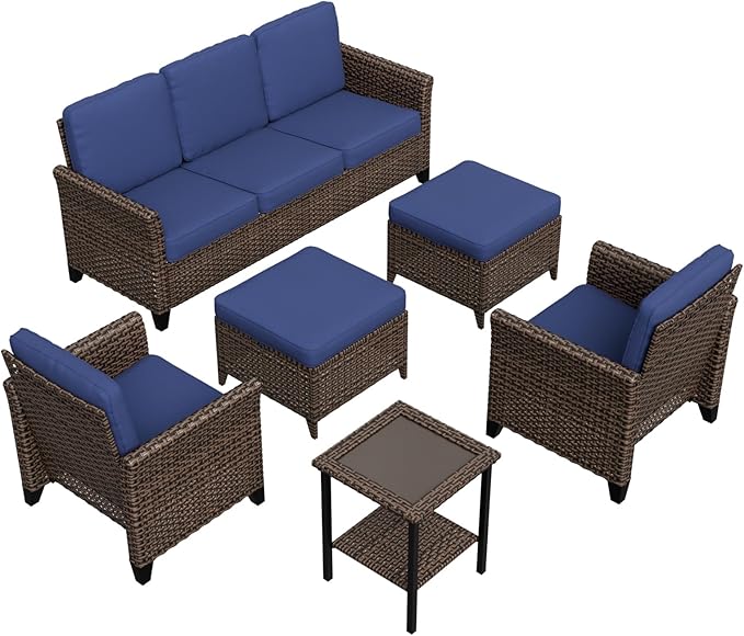 COOS BAY Harbor Retreat 6 Piece Outdoor Furniture Set, Patio Conversation Set with Patio Chairs, 3 Seat Couch, Side Table and Ottomans, Wicker Furniture, Brown/Blue