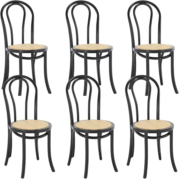 DM Furniture Solid Wood Dining Chairs Set of 6 Mid-Century Modern Rattan Dining Room Chairs with Backrest Bentwood Side/Desk Chairs for Dining/Living Room,Home No Assembly Required, Black Wood