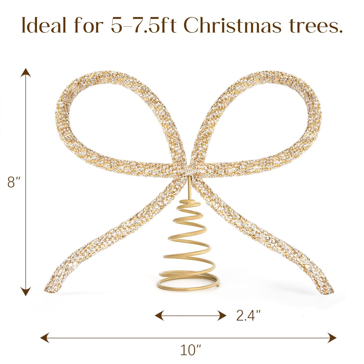 Christmas Decorations - Christmas Decor - Gold Glass Rhinestone Bow Tree Topper - Xmas Holiday Tree Top Decoration for Indoor Outdoor Home Room Party