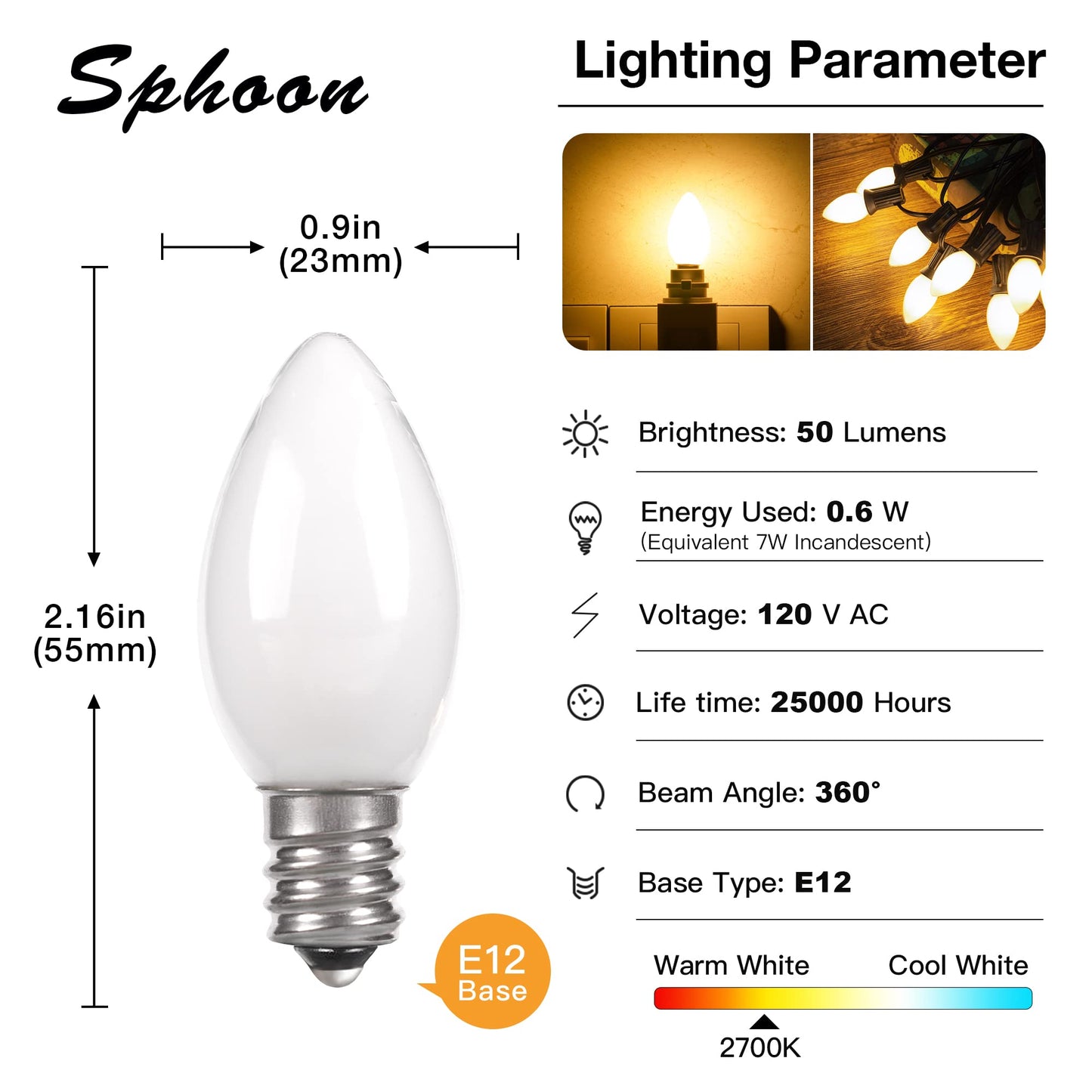 C7 Candelabra Led Night Light Bulbs, 0.6 Watt Equivalent 7W Incandescent, E12 Milk White Bulbs, Warm White 2700K Smalll Nightlight Replacement Bulb for Window Candle & Chandeliers, 2 Pack