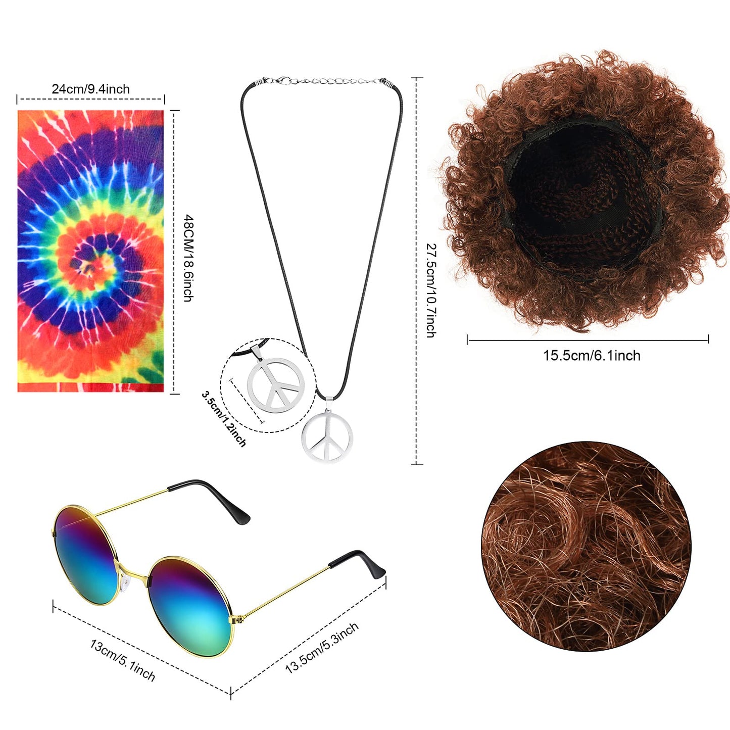 Sintuff 6 Pcs Men's Hippie Costume Set Hippie Fringe Vest Accessories for 60 70s Carnival Party Halloween Outfits(XL)