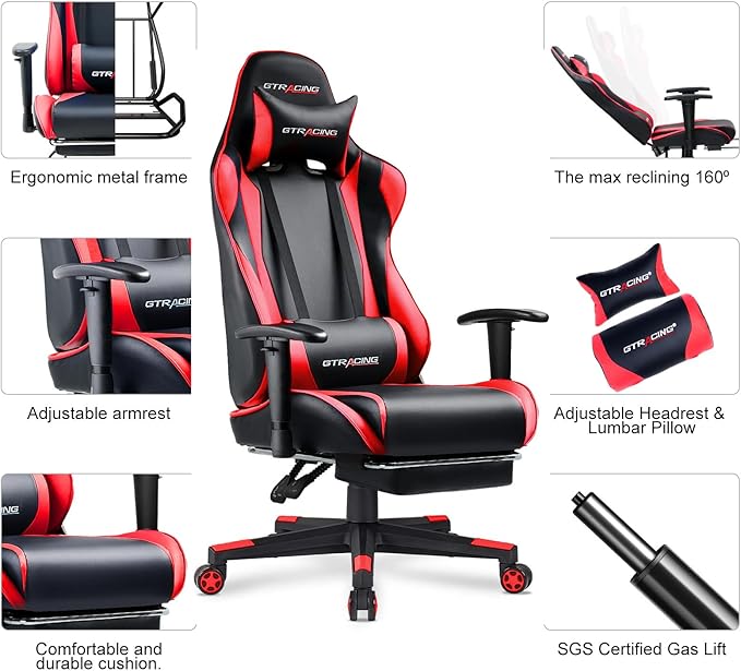 GTPLAYER Gaming Chair with Footrest, Ergonomic Computer Game Desk Chair, Reclining Game Chair Seat Height Adjustment, Swivel Rocker with Headrest and Lumbar (Red)