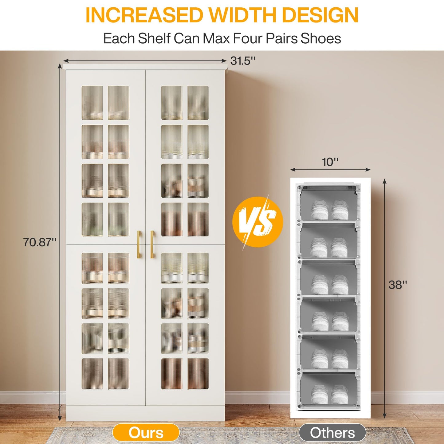 Tribesigns 71-Inch Tall Shoe Cabinet with Doors, 8-Tier Shoe Storage with Adjustable Shelves, Modern Shoe Organizer Shoe Rack Cabinet for Entryway, Hallway, Closet, Living Room, White and Gold