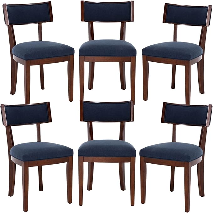DM Furniture Cozy Upholstered Farmhouse Dining Chair Set of 6, Solid Wood Frame Rustic Side Chair, Curved Back Armless Kitchen Chair for Inviting/Dining/Living Room/Restaurant, Space Saving, Blue