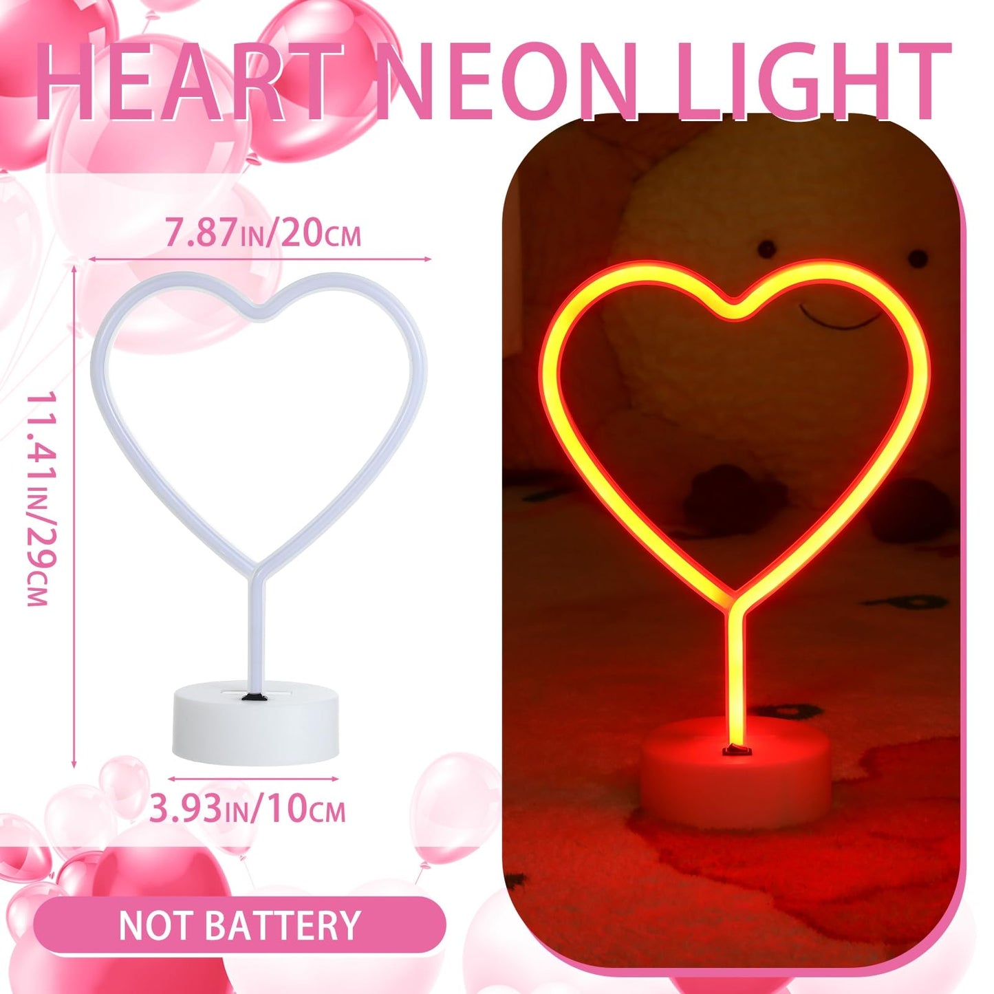 Retisee 4 Pack Valentine's Day Heart Neon Sign LED Neon Light Battery Operated or USB Powered Heart Signs Lamp Gifts for Bedroom Decorations Anniversary(11 x 8 Inches,Red)
