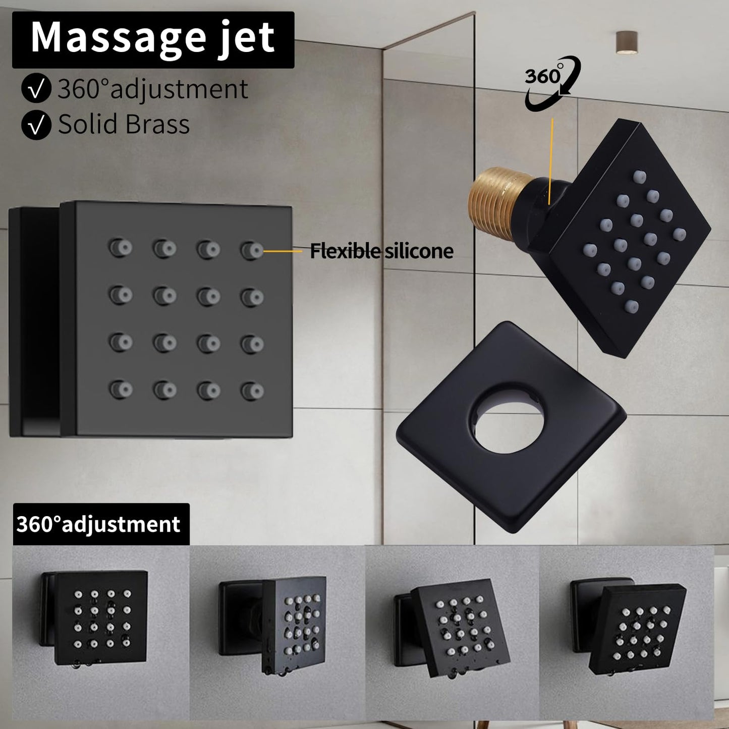 HONGTONGSOWER Bathroom Shower System Ceiling 14x20 Inch Shower Head, Spray With Handle, 6 PCS Body Jet And Handheld, Temperature Display Shower Faucet Set (Matte Black)