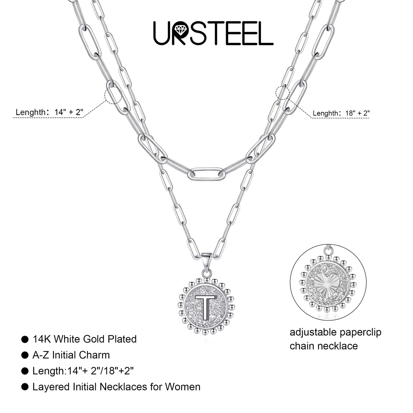 Ursteel Layered Initial Necklaces for Women - 14K Gold Plated Dainty Layering Paperclip Chain Necklace, Layered Initial Coin Pen