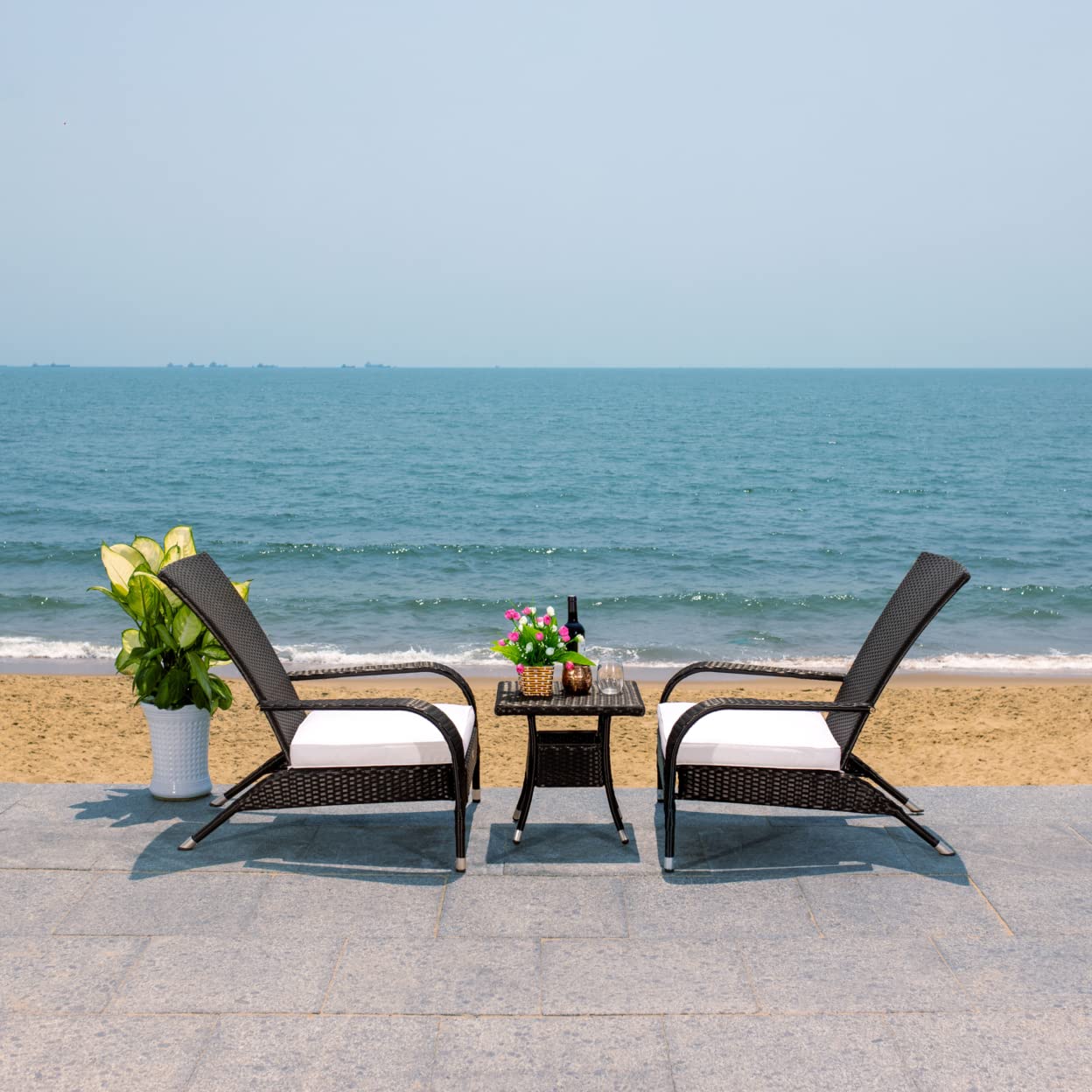 SAFAVIEH Outdoor - Edna 3-Piece Lounge Set - Black & White - Steel Frame & Faux Rattan with Cushion - Wingback Tropical French Design - Ideal for Patio, Deck, Porch, Backyard (PAT7719A)