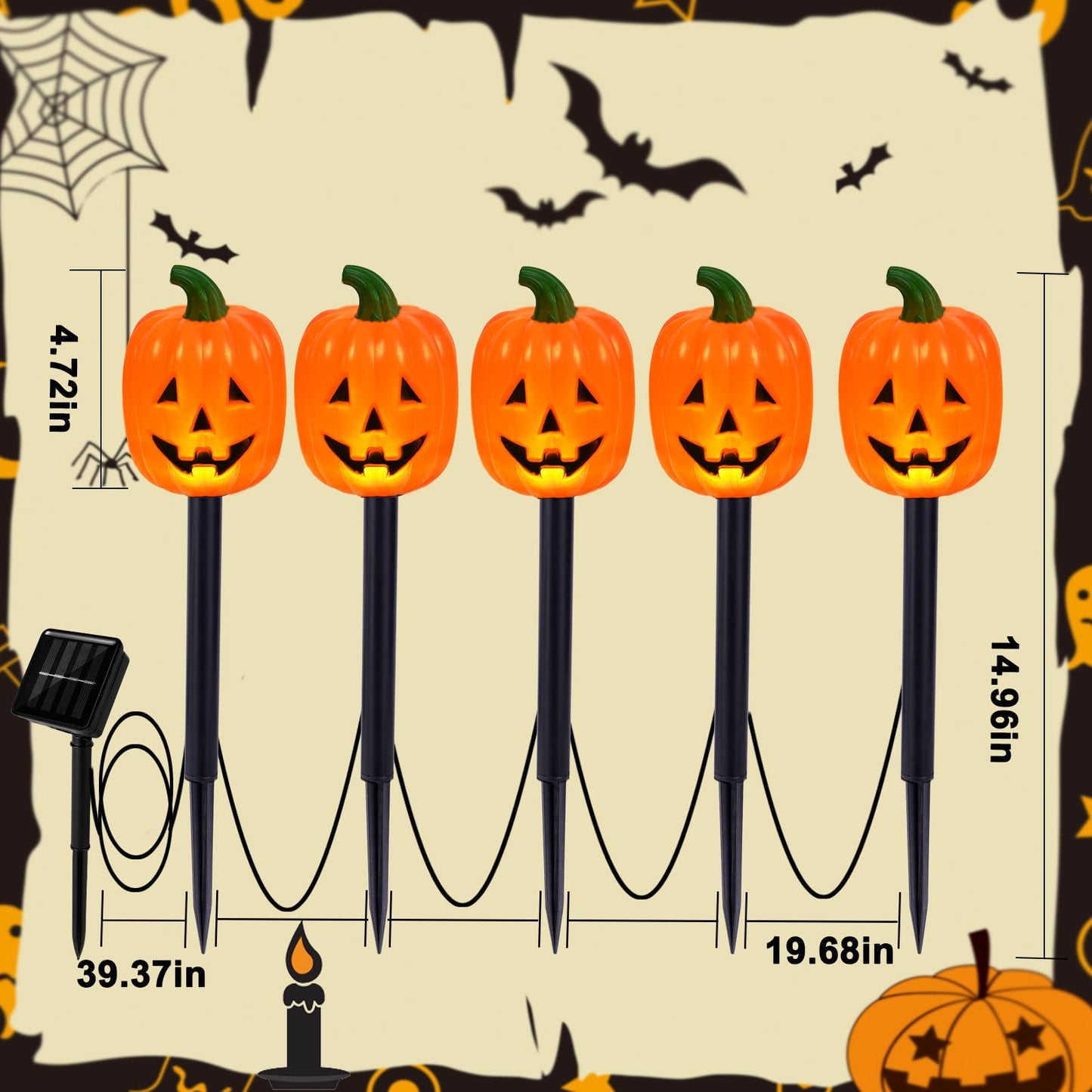 Halloween Pumpkin Stake Lights, Set of 10 Decorative Solar Pumpkin Lights, Waterproof Halloween Decorations for Outdoor Garden and Yard (Pumpkin)