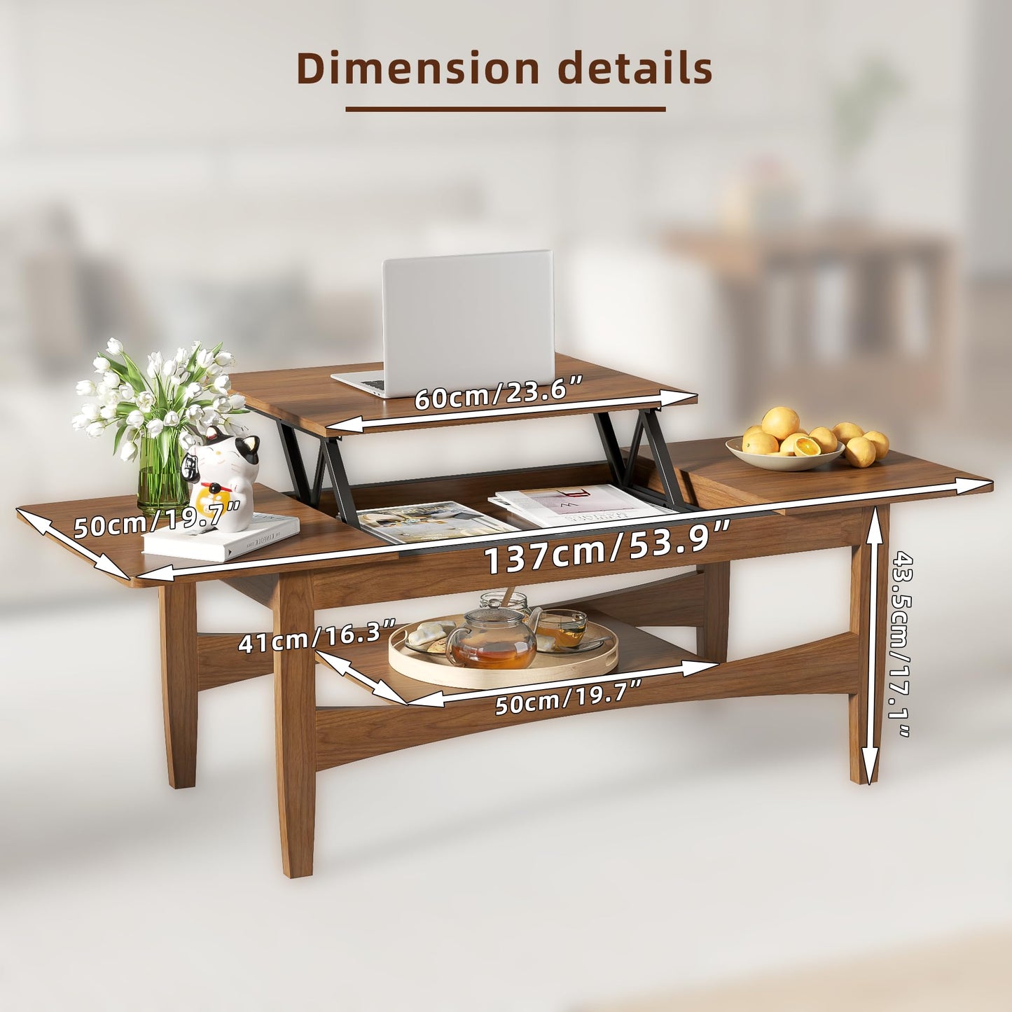 Oubayajia Coffee Table with Lifting Top, Rectangle Wood Lift Top Coffee Table with Open & Hidden Storage, Mid Century Pull up Center Tables for Living Room, Office (Walnut)