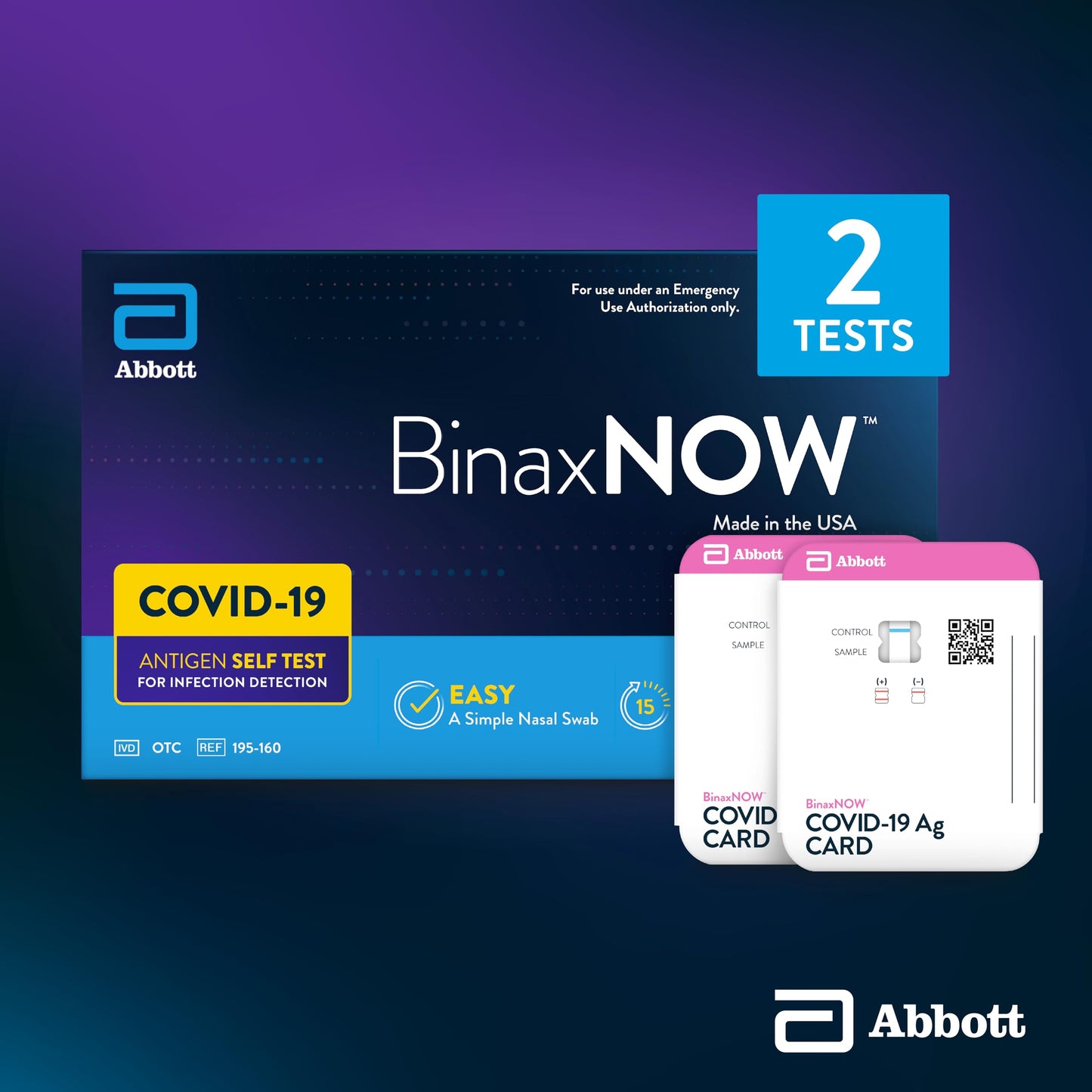 BinaxNOW COVID-19 Antigen Self Test, 1 Pack, 2 Tests Total, COVID Test With 15-Minute Results Without Sending to a Lab, Easy to Use at Home