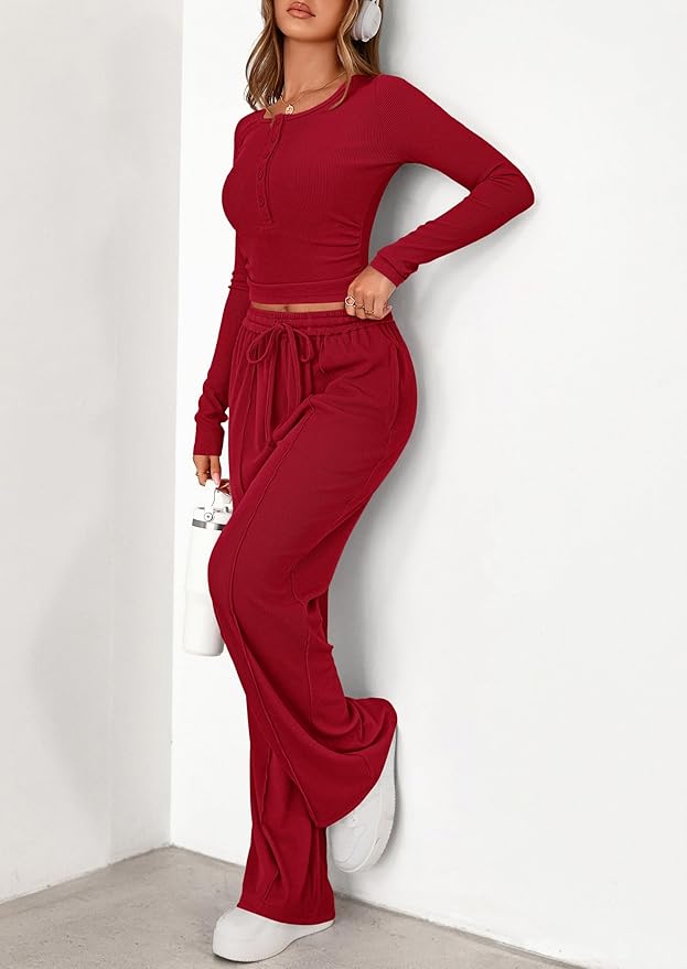 PRETTYGARDEN Women's 2026 Fall Trendy 2 Piece Outfits Lounge Sets Long Sleeve Top Henley Shirts Wide Leg Pants Travel Clothes