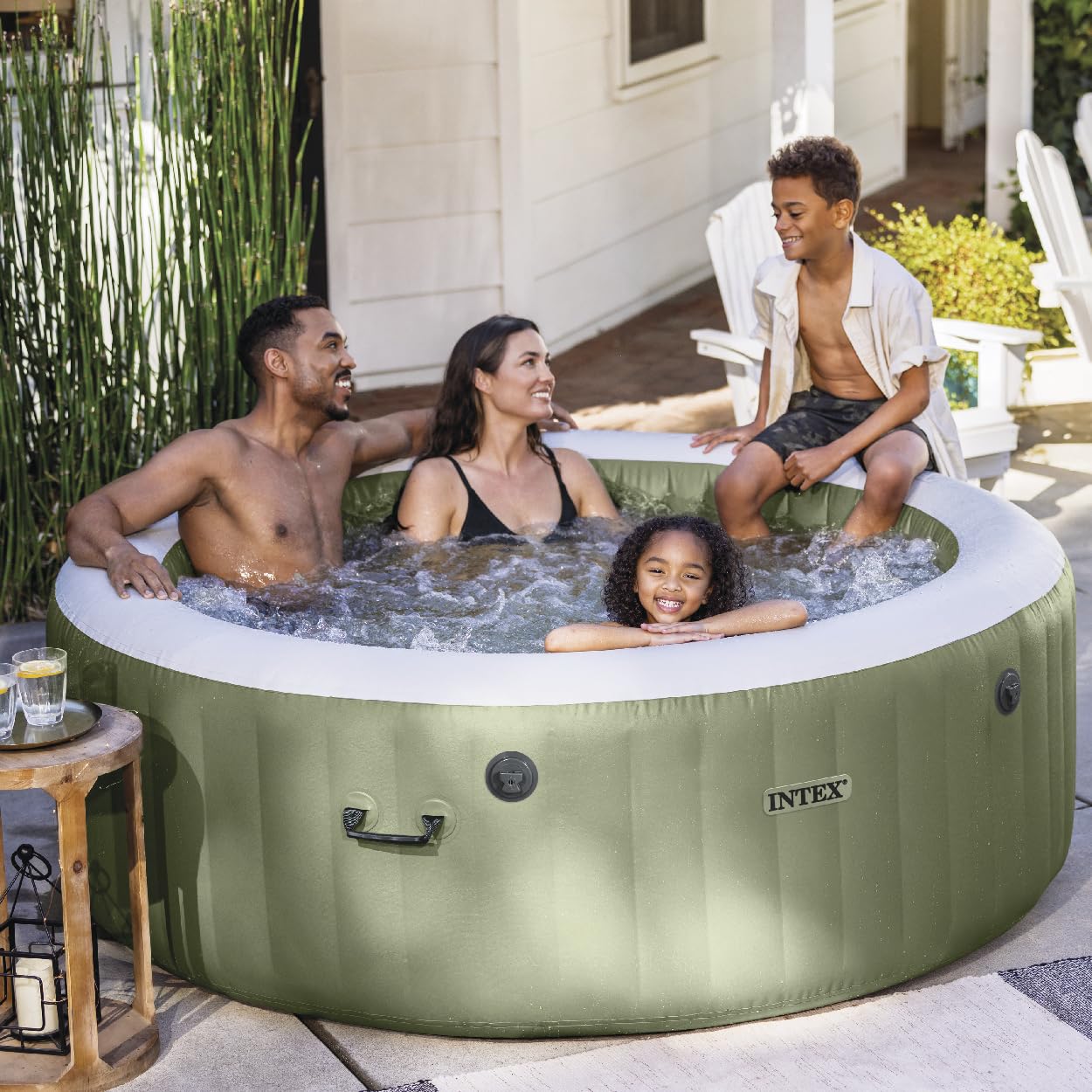 INTEX 28425EG PureSpa Bubble Massage Spa Set Outdoor Inflatable Portable Hot Tub, Includes Energy Efficient Spa Cover, Saltwater System Ready, 4 Person, 77in x 28in