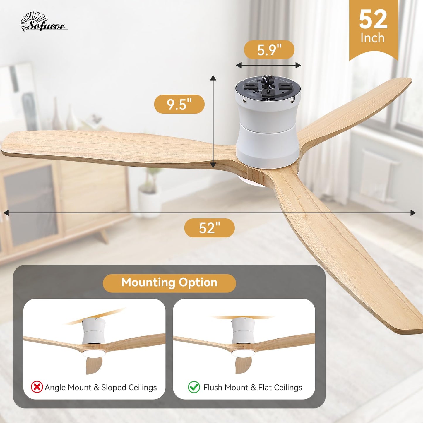 Sofucor 52" Smart Ceiling Fan, Solid Wood Ceiling Fan with Lights and Remote, Flush Mount Ceiling Fan Works with Alexa/Google/App, Dimmable 6-Speed Timing Reversible DC Motor for Bedroom Living Room