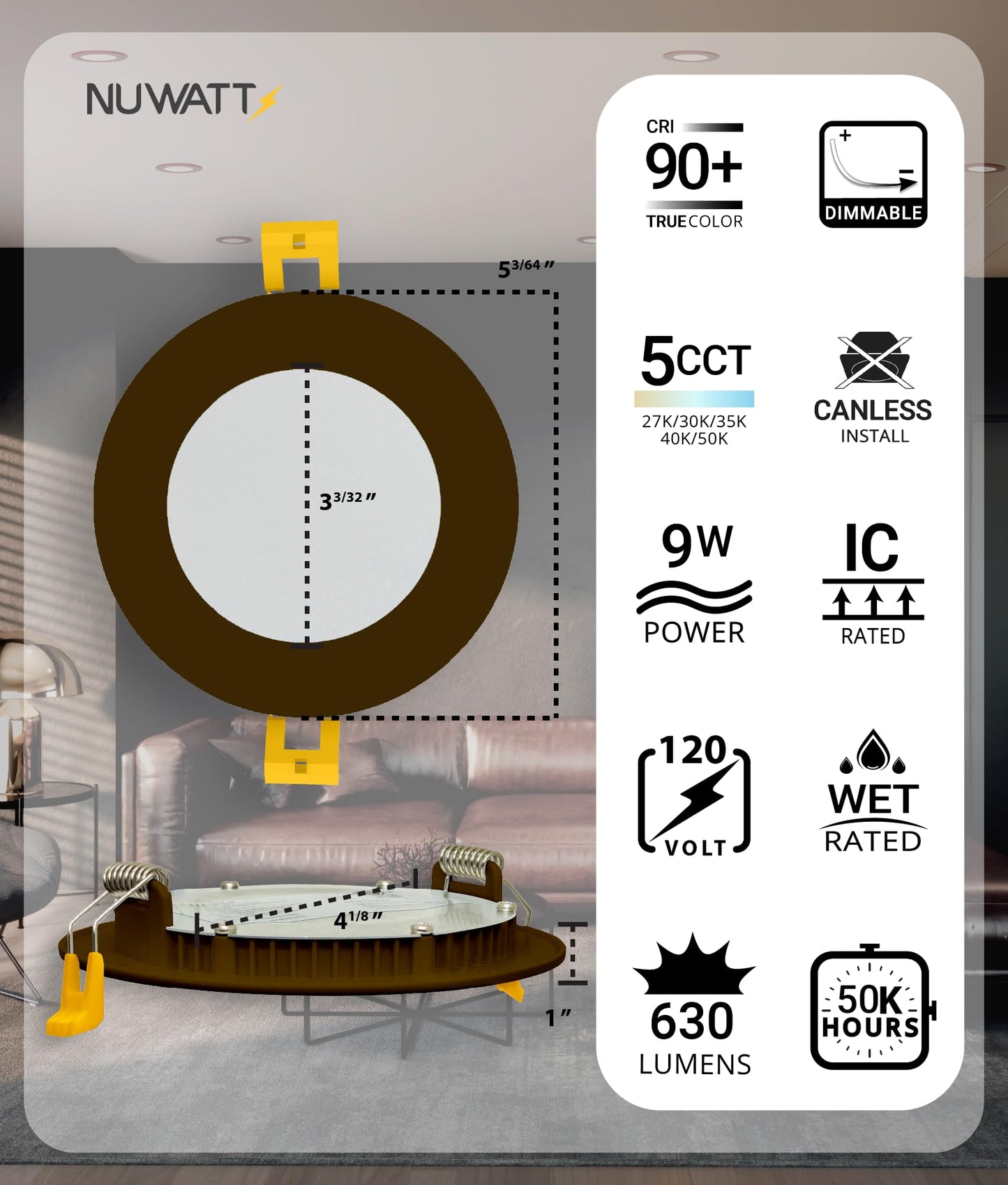 NUWATT 6 Pack 4 Inch Ultra-Thin Bronze LED Recessed Lighting, 5CCT 2700K/3000K/3500K/4000K/5000K Selectable, 630 Lumens, IC Rated, Dimmable Canless Wafer Light, Slim Panel Light, Metal J-Box, ETL