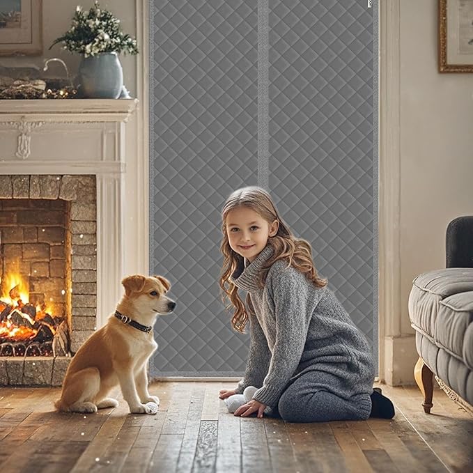 Magnetic Thermal Insulated Door Curtain Fit Door Size 36" x 82", Quilted Oxford Fabric Thicken Cotton Fill, Winter Cover Keep Cold Draft Out, Blanket Insulation for Front Patio Doors Gray