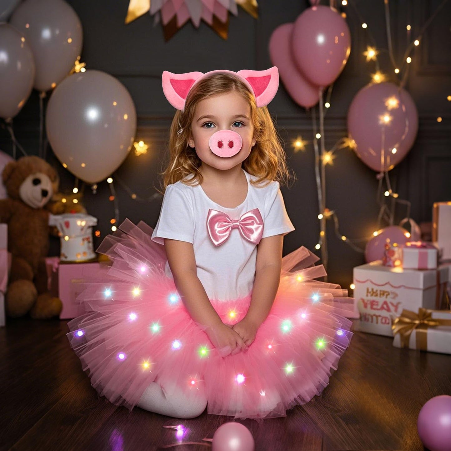 G.C Kids Light Up Pig Costume Girls Pig Ears Headband Nose Tail Bow Tie Tutu Skirt Accessories Animal Costumes Halloween Cosplay Birthday Gifts