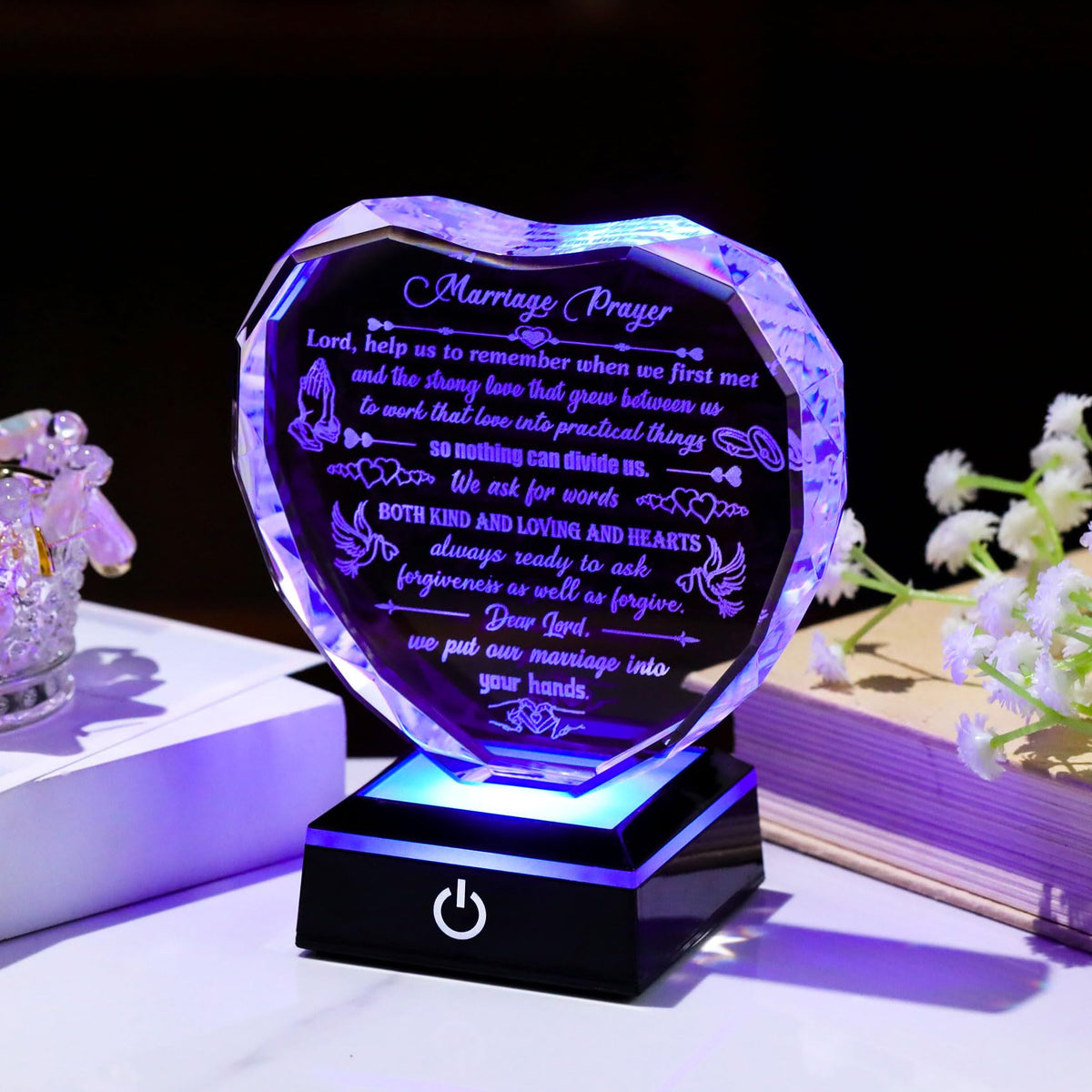 Crystal Marriage Prayer Gifts for Couple Heart-shaped Wedding Keepsake with LED Base for Her Him Romantic Anniversary Plaque for Wife Husband on Valentine's Day Birthday Wedding Engagement