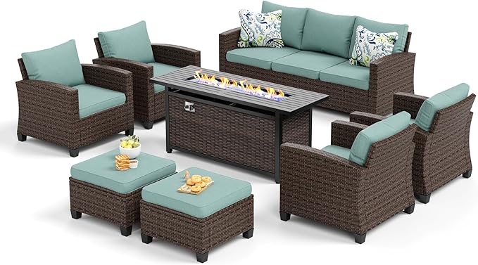 SUNSHINE VALLEY Patio Furniture Set Outdoor Furniture Brown Wicker Rattan Patio Conversation Sets with Cushion Outside Sofa Set,7 Pieces with Rectangular Firepit Table,9 Seats,Blue