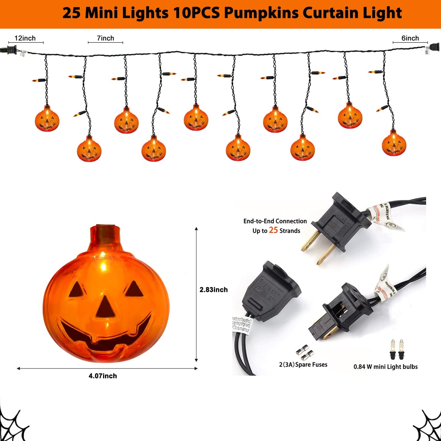 Halloween Pumpkin String Lights, Indoor Curtain With 10 Jack-O'-Lanterns and 25 Mini LED Bulbs, Plug-in for Outdoor Party Bedroom Window
