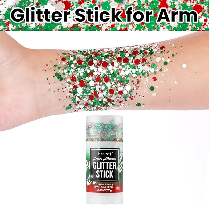 Brzeaf Waterproof Face and Body Glitter Stick, Shimmery& Long Lasting, Christmas Hair Eyeshadow Face Body Glitter, Singer Concert Rave Festival, Glitter Stick Makeup & Face Glitter Gel