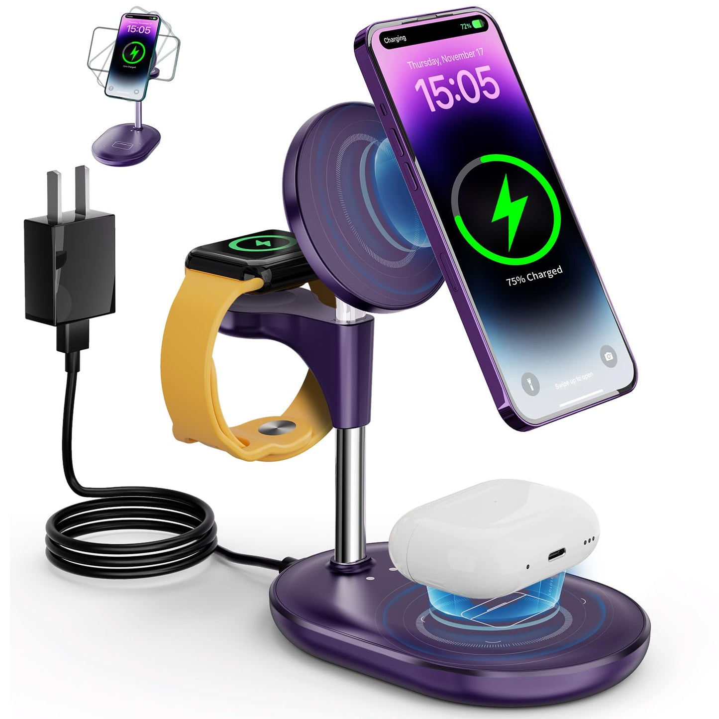Wireless Charging Station for iPhone, 3 in 1 Wireless Charger Stand Compatible with MagSafe Charger for iPhone 16 15 14 13 12 Pr