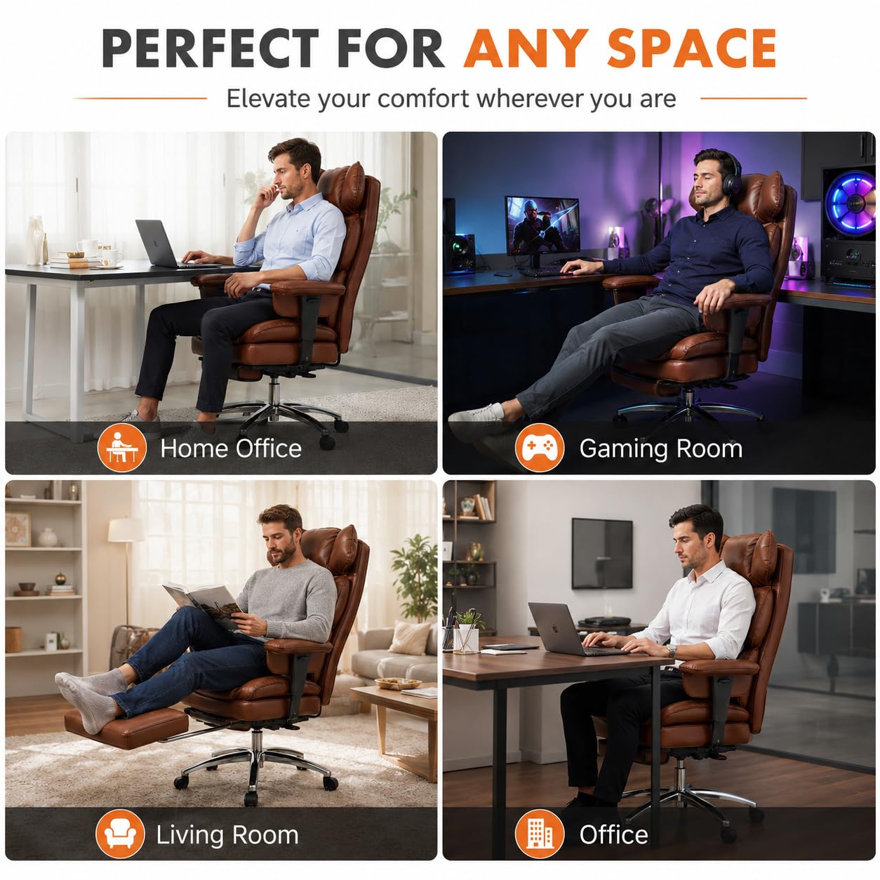 Big and Tall Ergonomic Office Chair with Footrest, Executive High Back PU Leather Desk Chair, Reclining Computer Chair with Adjustable Lumbar Support and Armrests, Swivel Rolling Gaming Chair, Brown