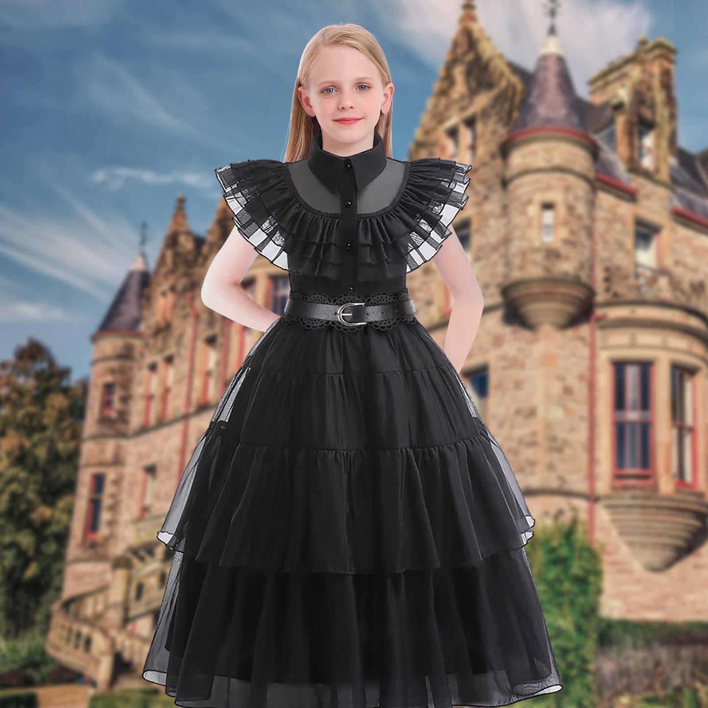 CVNHMG Costume Dress Kids Girls Black Cosplay Halloween Party Dress Up Gothic Costume with Accessories