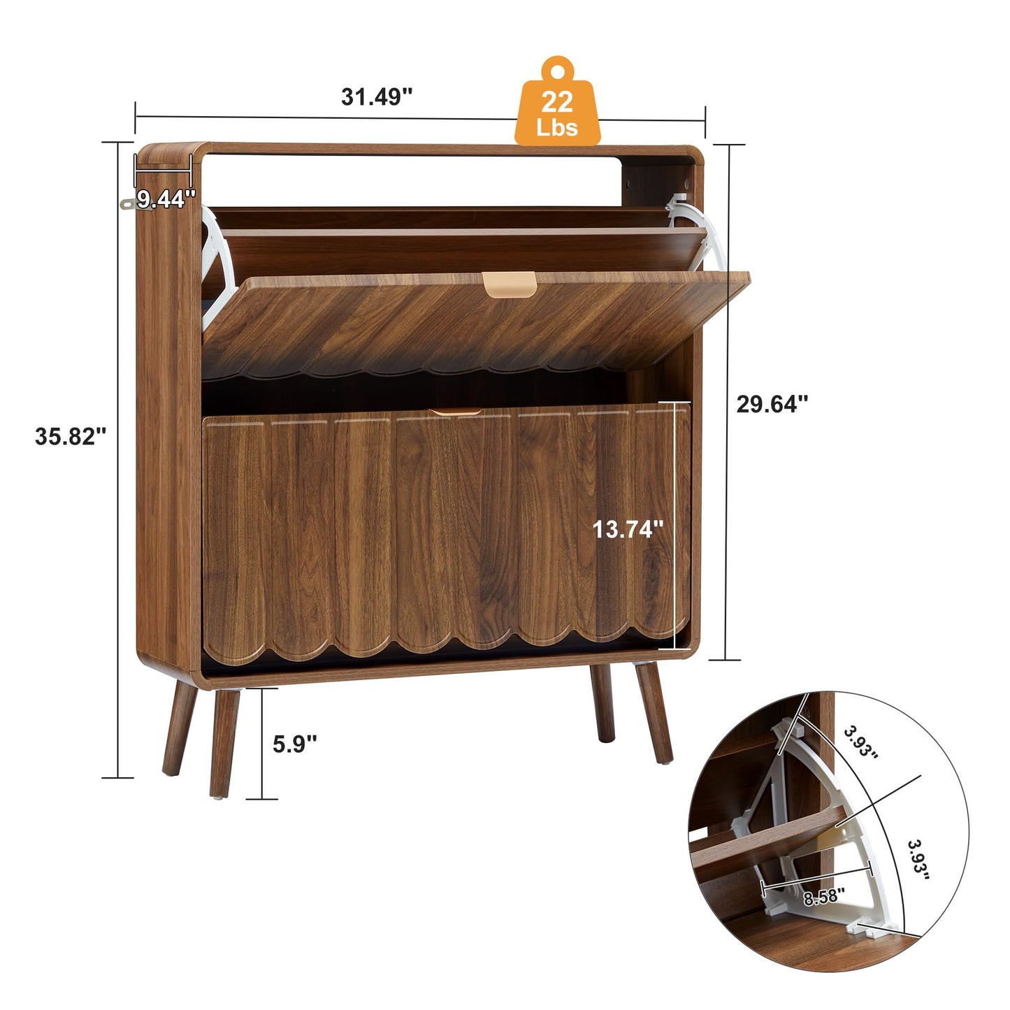 Shoe Storage Cabinet for Entryway with 2 Flip Drawers, Freestanding Narrow Wood Shoe Cabinet with Wave Panel, Hidden Shoe Organizer for Foyer, Hallway (Walnut)