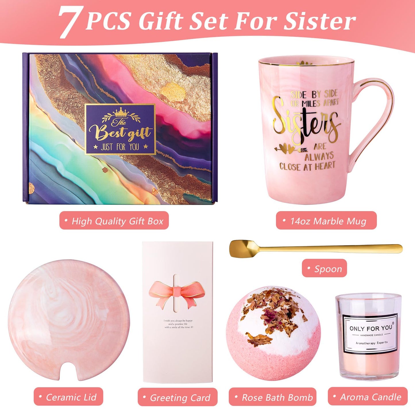 Sister Birthday Gifts from Sister Brother, 7pcs Relaxing Bath Set Basket with Funny Gold Print Mug, Scented Candle, Greeting Card, Self Care Set, Idea for Sisters in Law, Soul Sisters, Nice Gift Boxed