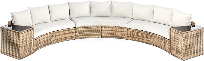 Patio Furniture Sets, 11 Piece Half-Moon Sectional Round Sofa Set, Outdoor Patio Furniture with Cushions & Wedge Table for Beach, Pool, Balcony, Beige